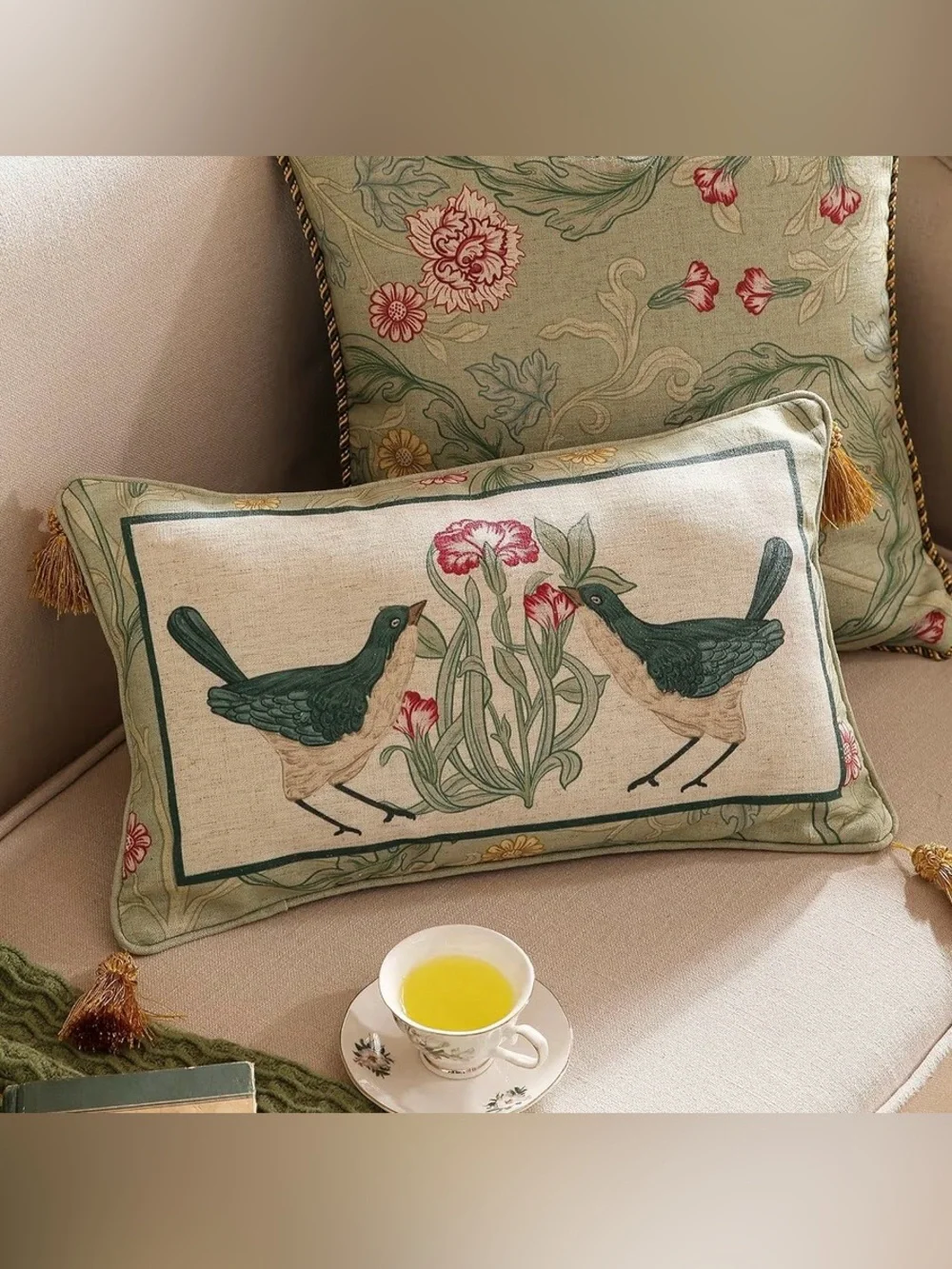 Patdrea “Birds” Lumbar Pillow Cover with Tassels 12x20” (1-count) BLUE GREEN